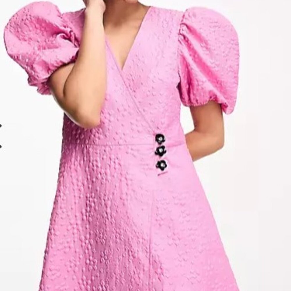 Sister Jane Flower Embellished Puff Sleeve Wrap mini dress in Pink